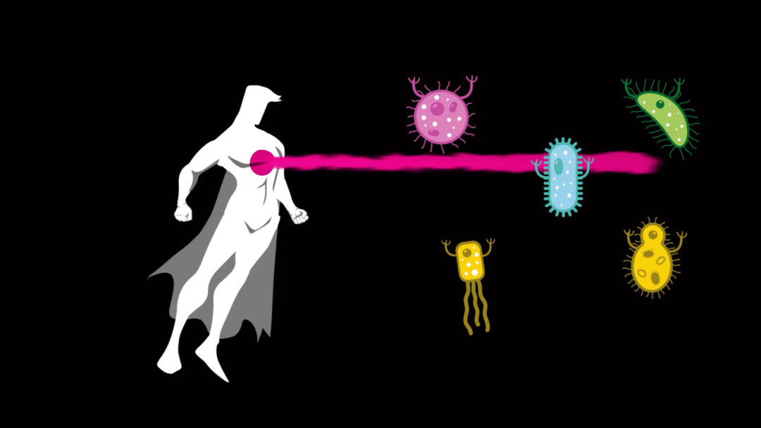 superman strzelający laserem w wirusy, bakterie, grzyby